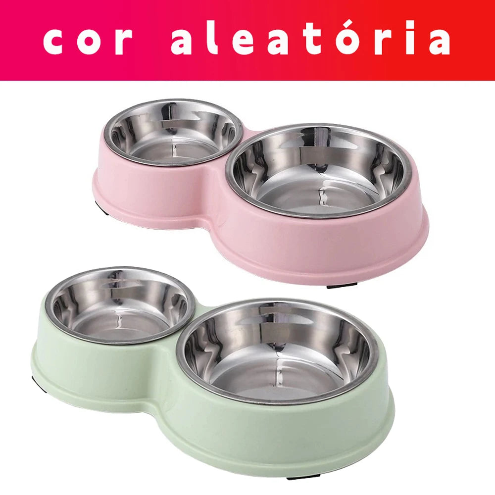 Comedouro Duplo Inox Antiderrapante para Cães e Gatos