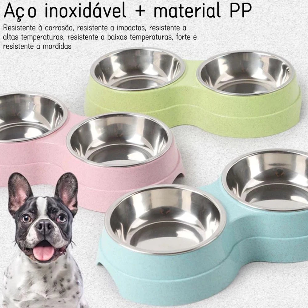 Comedouro Duplo Inox Antiderrapante para Cães e Gatos