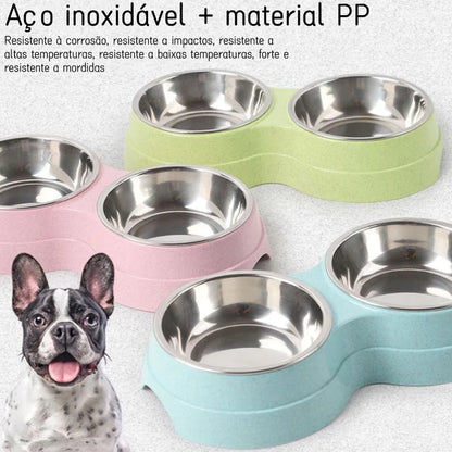 Comedouro Duplo Inox Antiderrapante para Cães e Gatos