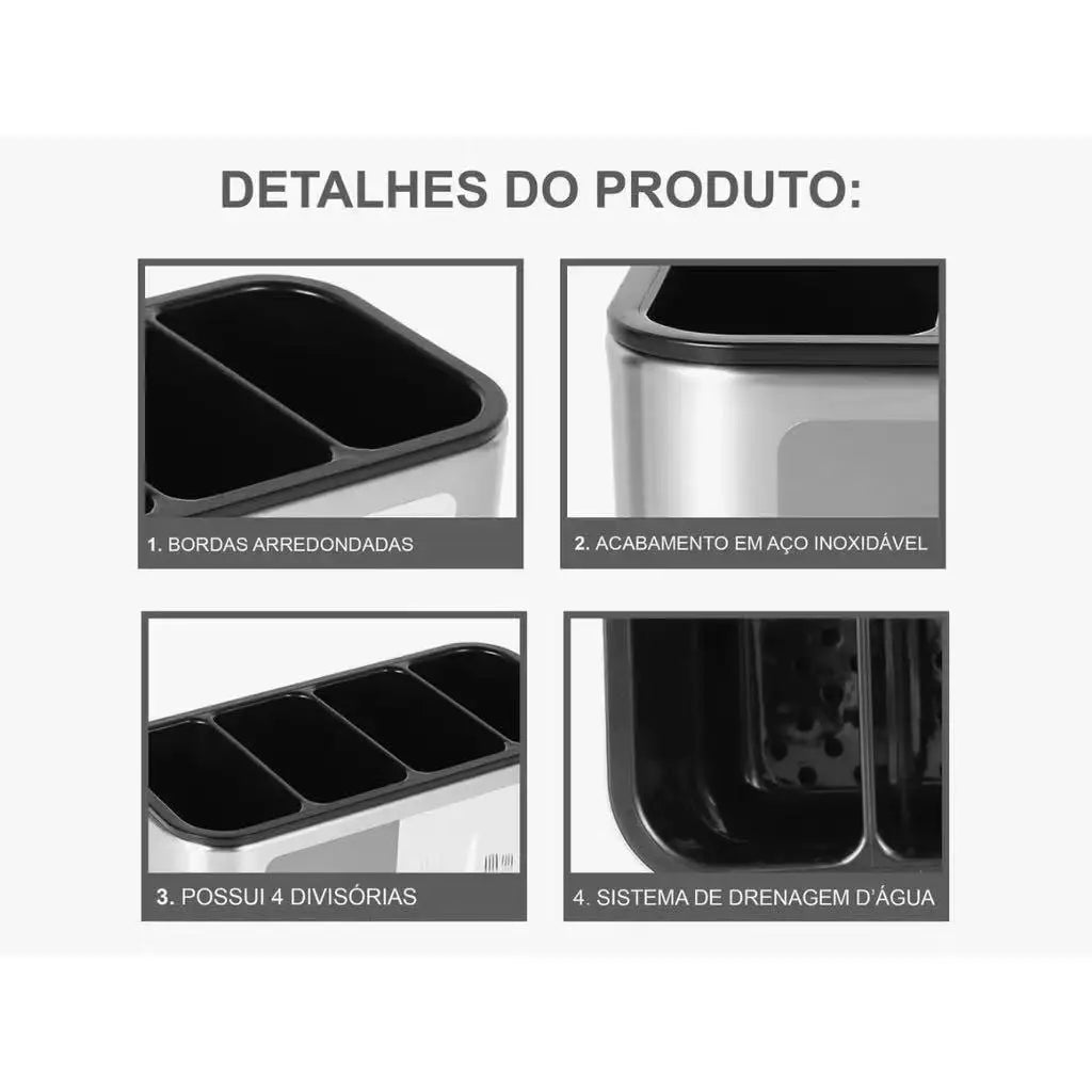 Escorredor Porta Talheres em Inox com 4 Divisórias
