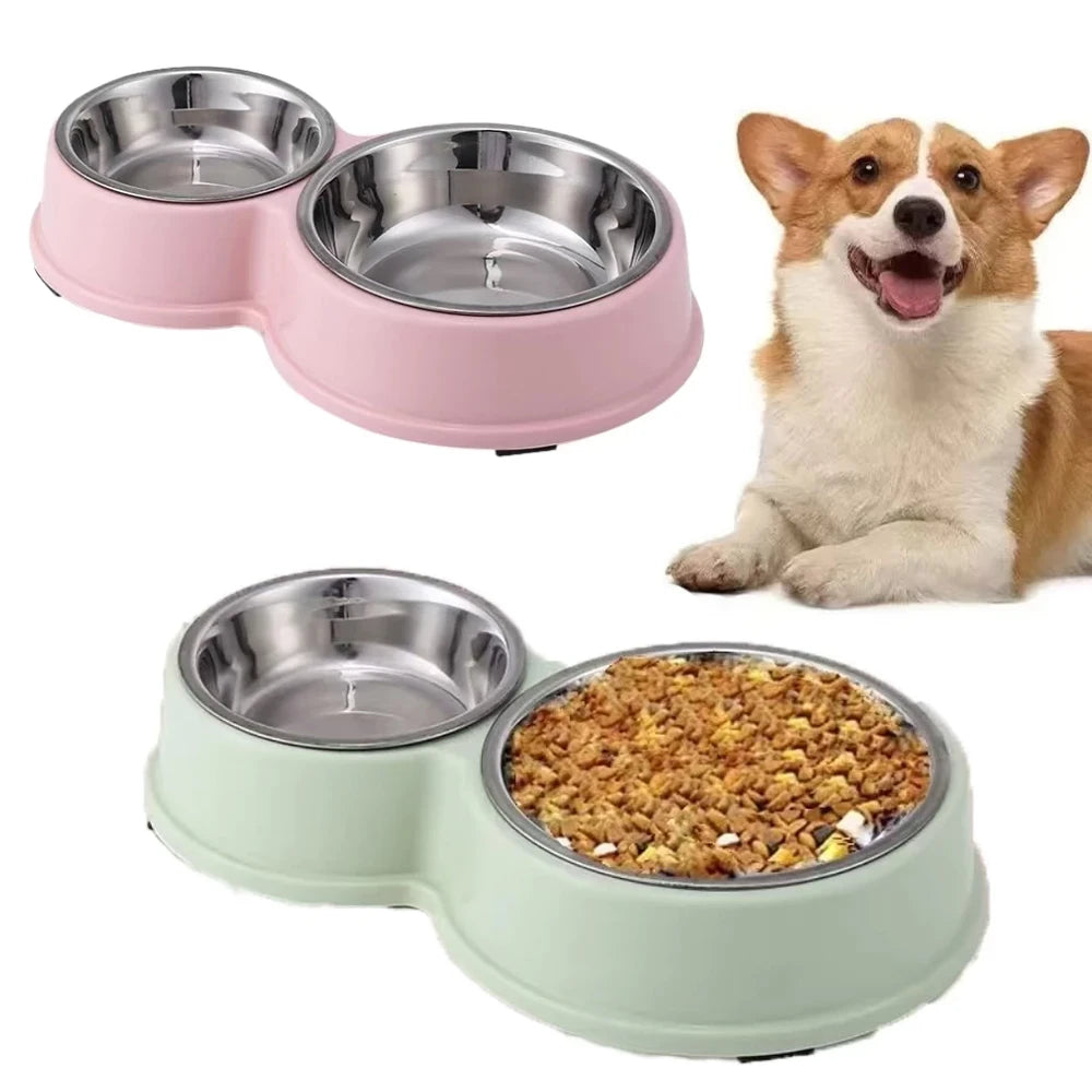 Comedouro Duplo Inox Antiderrapante para Cães e Gatos
